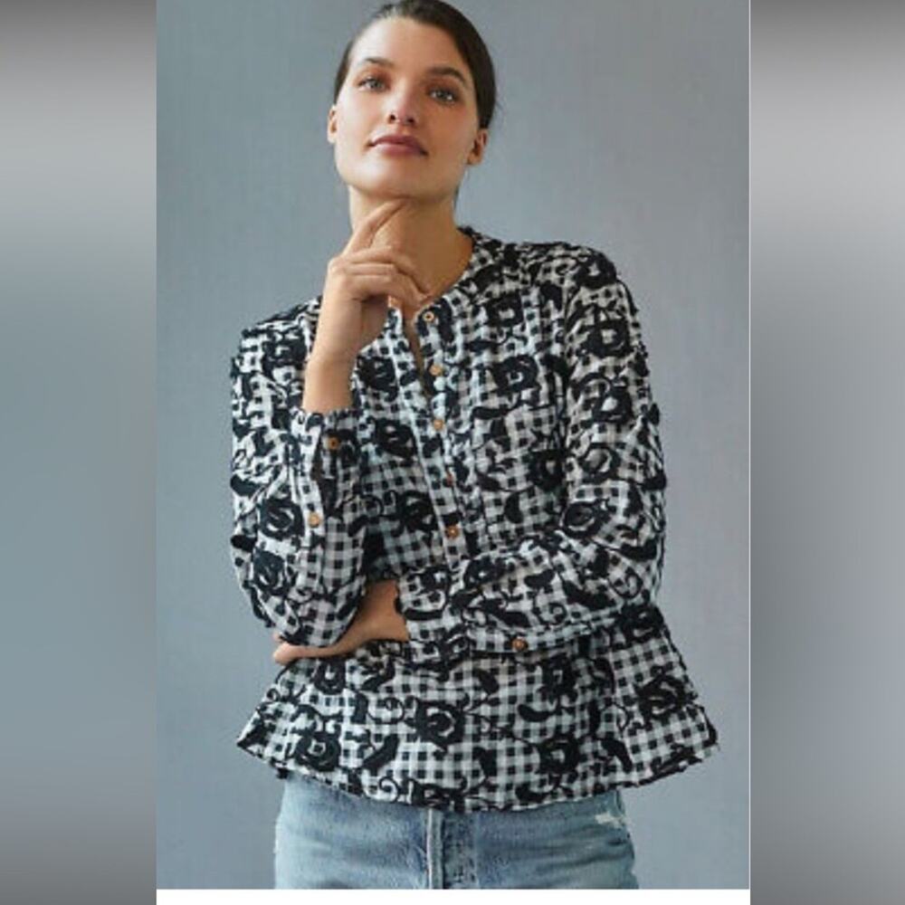 Anthropologie Pilcro Gingham Plaid Embroidered Blouse